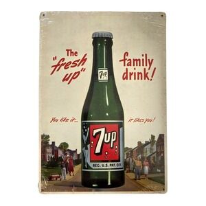 NOS 2001 7Up Metal Tin Sign Sealed - The Fresh Up Family Drink - 17" x 12"